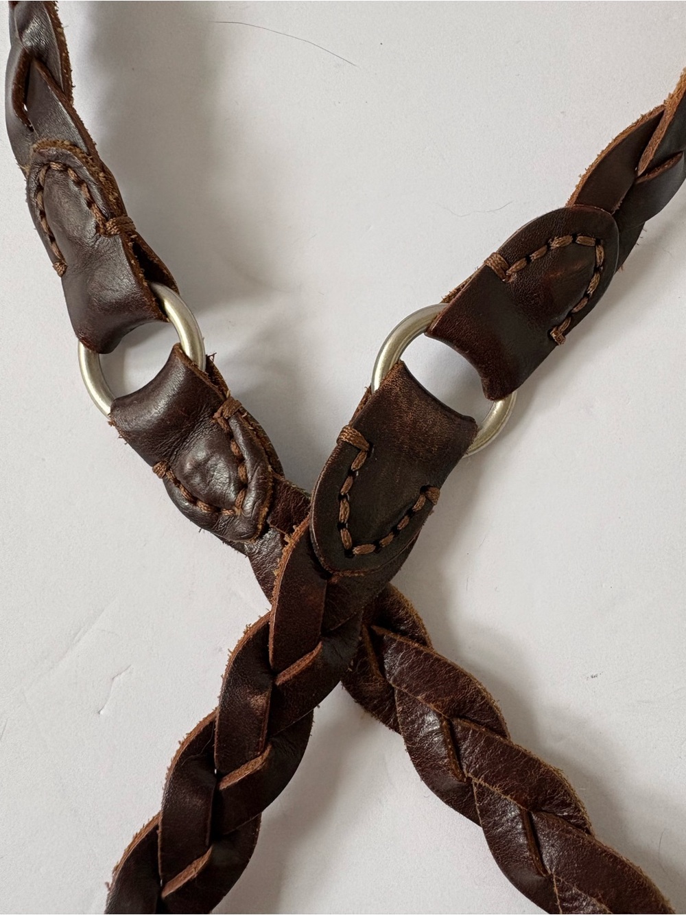 Brown Hand Braided Slim Genuine Leather Belt Silver Brass Buckle L Boho Pirate - Picture 3 of 6
